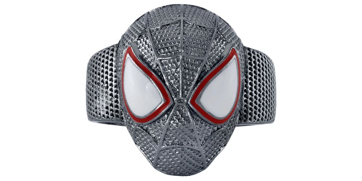 Spider-Man’s mask ring with textured silver, red-lined eyes