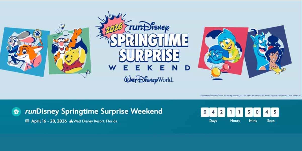 RunDisney Springtime Surprise Weekend 2026 at EPCOT with favorite Disney characters and a countdown—don’t miss April 19!.