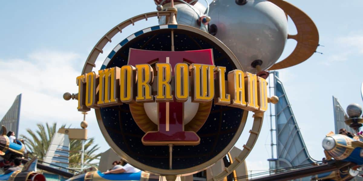 Tomorrowland entrance sign at Disneyland Park in California