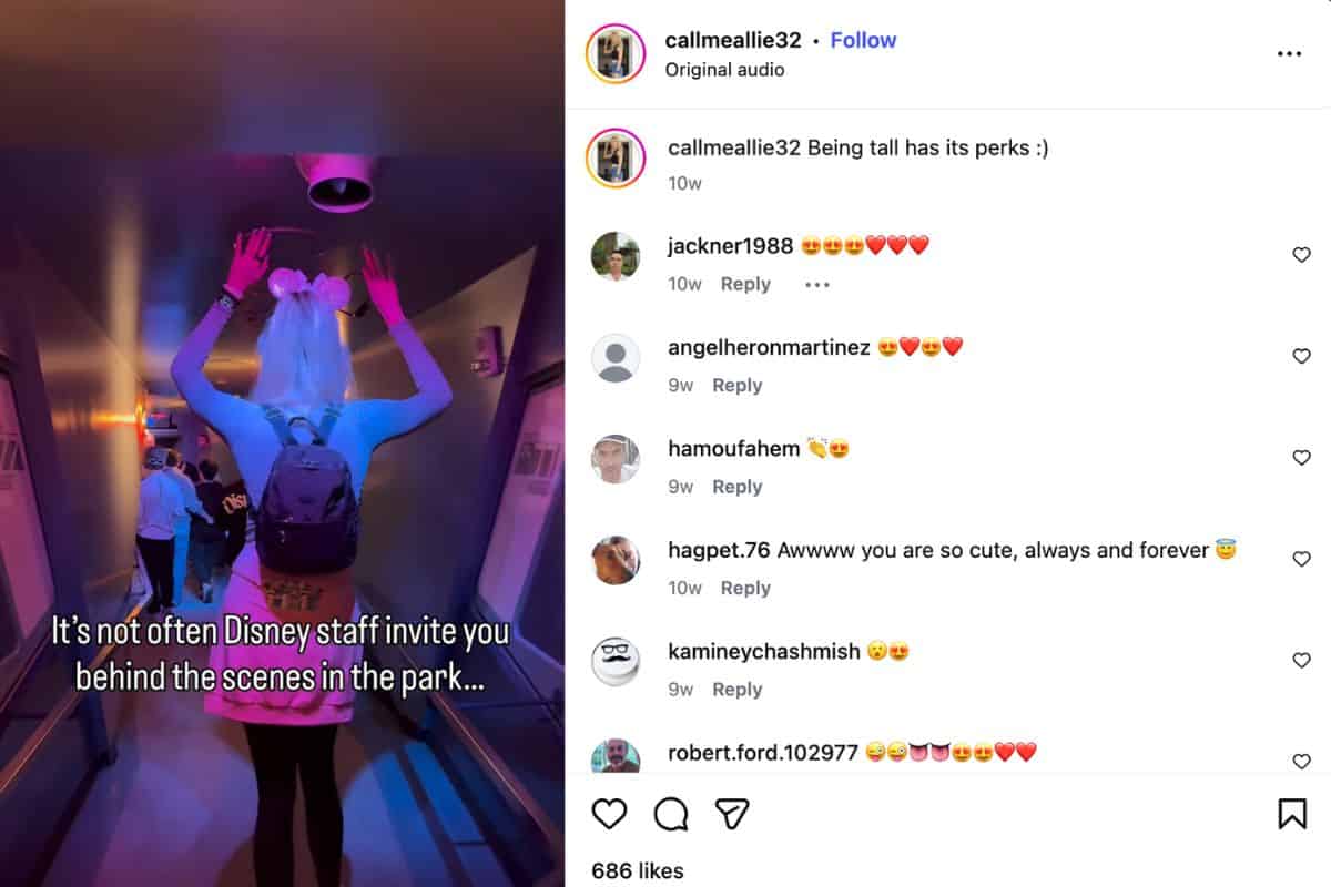 Allie walks through a backstage area