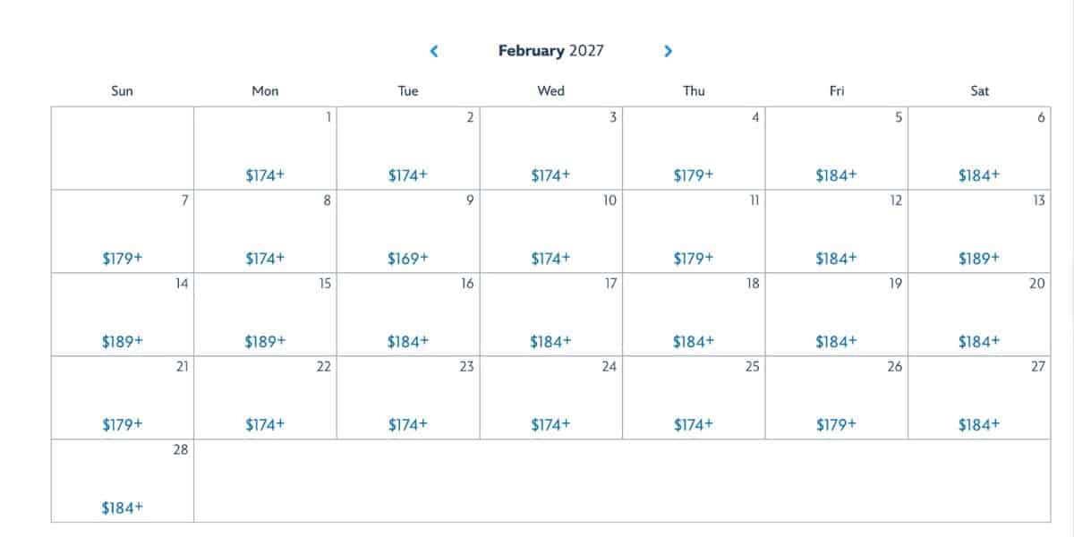 February 2027 calendar displays daily flight prices ($174+ to $189+), echoing Disney World’s 2027 ticket cost trends.