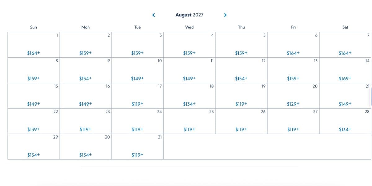 Disney World’s August 2027 ticket calendar, showing daily admission prices from $119+ to $179+ throughout the month.