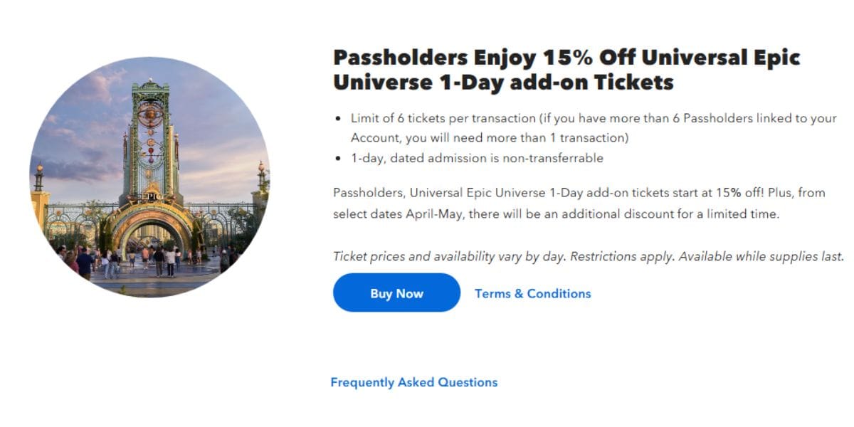 Epic Universe entrance featuring a passholder discount promotion and Buy Now button for exclusive 1-day add-on ticket deals.