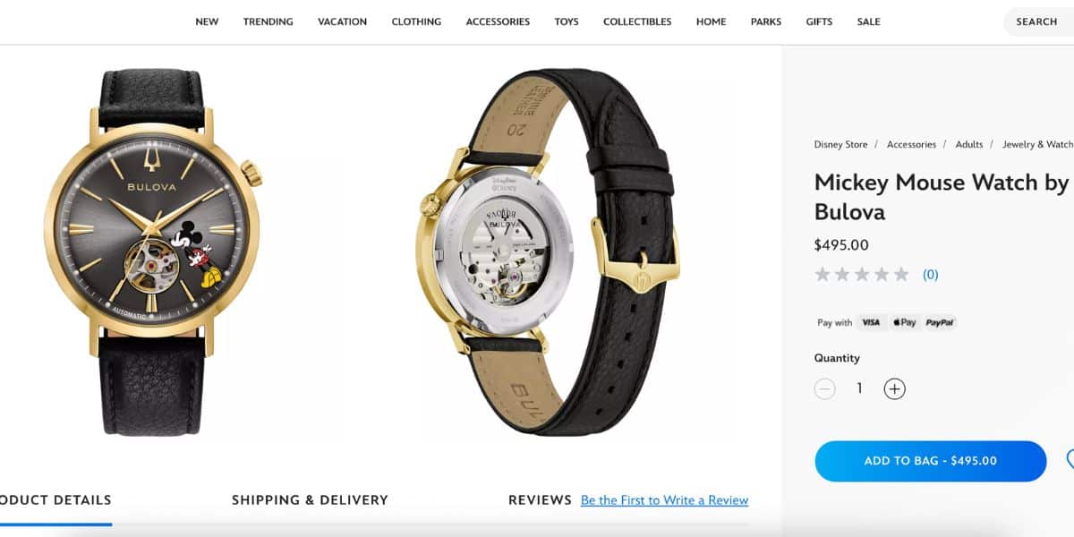 Two angles of a Bulova Mickey Mouse watch with black leather band, shown as a Disney Parks collectible on EPCOT’s shop page, $500.