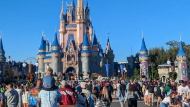 Guests fill the plaza before Cinderella Castle at Disney World