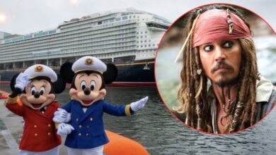 Mickey and Minnie greet guests in sailor outfits beside a Disney cruise ship; Pirate with dreadlocks and red bandana appears inset.