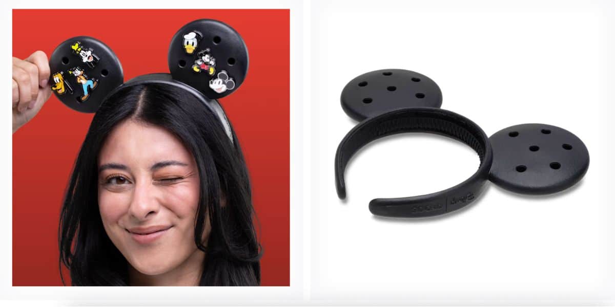 Disney fan winks in a Mickey Mouse ear headband decked with collectible pins; featured headband displayed solo to the side.