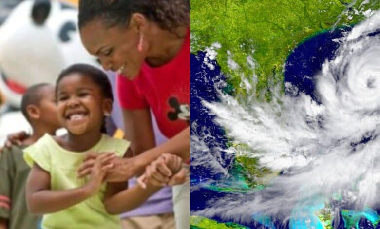 split image. on the left, a family at disney's pop century resort. on the right, a major hurricane crosses over Florida