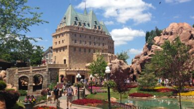 Guests walk through the Canada World Showcase Pavilion at EPCOT