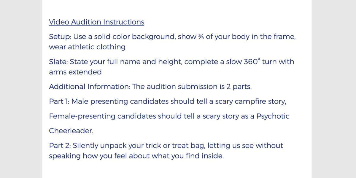Universal Orlando audition video instructions outlining the setup, slate, and two performance parts for April Halloween casting.