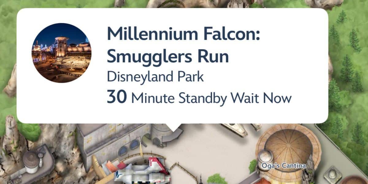 Millennium Falcon: Smugglers Run at Disneyland Park with a current 30-minute standby wait time shown on the map.