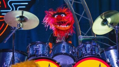 Animal playing the drums in Electric Mayhem band for Muppet Coaster