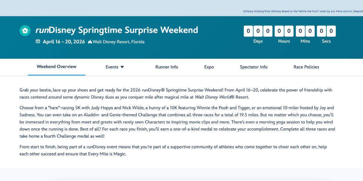 RunDisney Springtime Surprise Weekend webpage with Expo highlights, race event info, and a countdown to Disney World festivities.