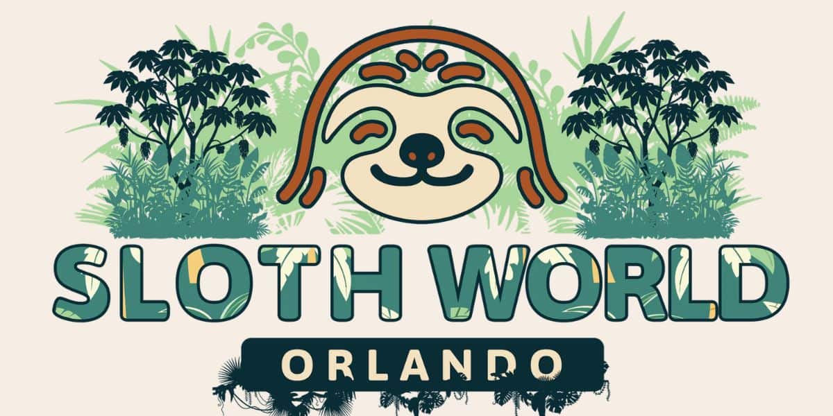 Sloth World Orlando logo with a cheerful sloth face and lush tropical plants, capturing the fun vibe of this Orlando attraction.