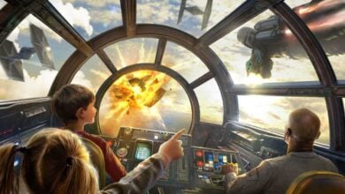concept art for new mandalorian and grogu mission on smuggler's run in disney's star wars: galaxy's edge