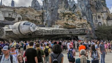 Guests explore Star Wars: Galaxy’s Edge at Disney's Hollywood Studios, near the Millennium Falcon: Smugglers Run attraction