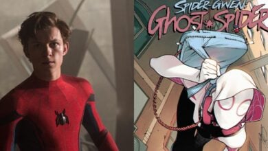 split image: on the left, tom holland as spider-man. on the right, the cover of a spider-gwen comic