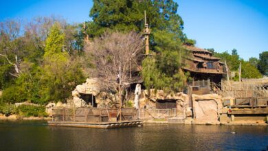 Pirate's Lair on Tom Sawyer Island from across the water at Disneyland Park.