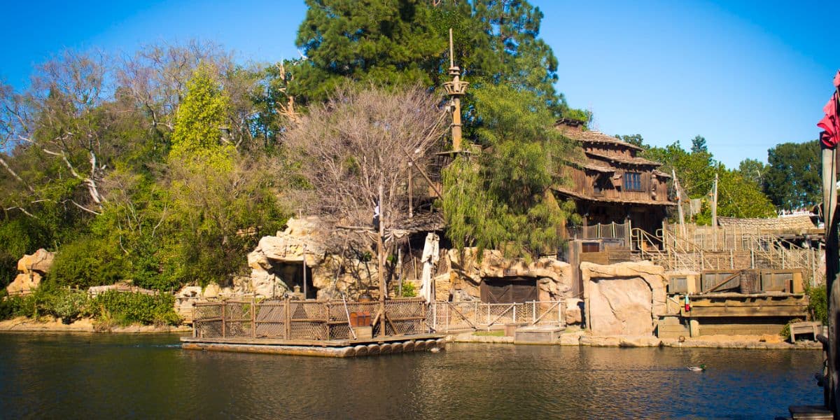 Pirate's Lair on Tom Sawyer Island from across the water at Disneyland Park.