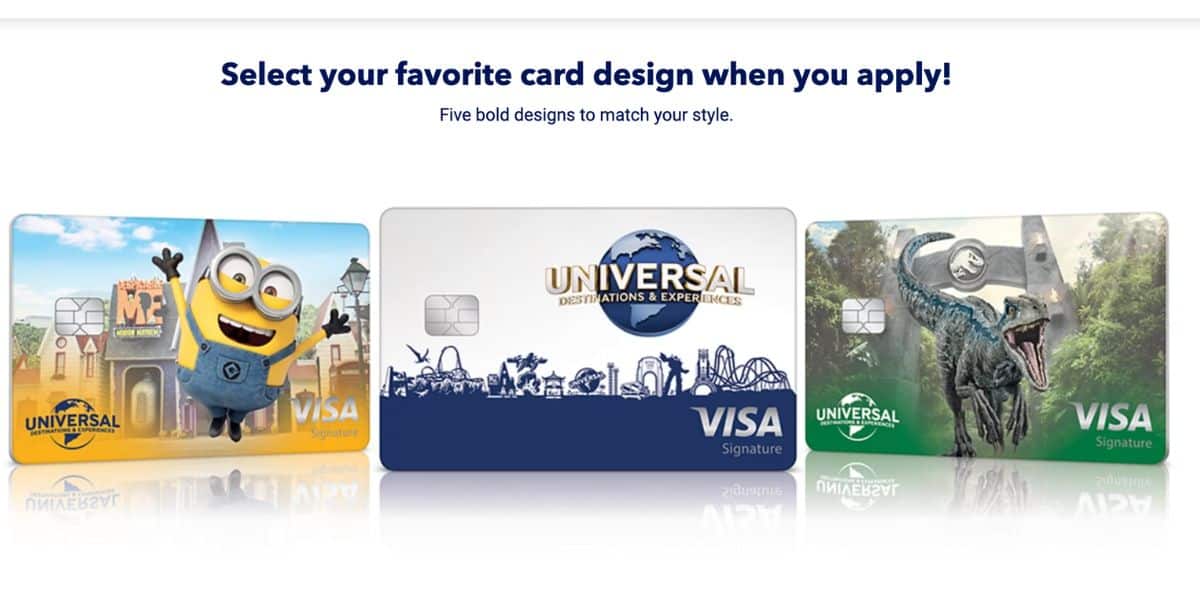 Universal Visa cards: Minion, Epic Universe skyline, and Velociraptor designs—unlock park entry and exclusive lounge access.