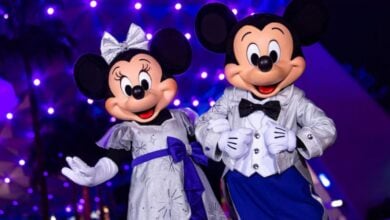 Minnie and Mickey Mouse dazzle in silver outfits, posing together under purple lights at EPCOTโs Disney Passholder Meet-and-Greet.