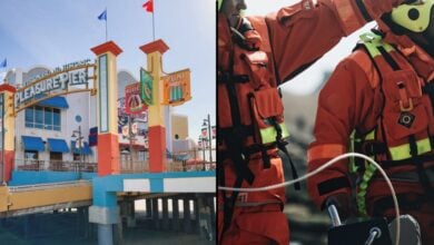 Left: Iconic entrance to Santa Monica Pier decked in vibrant lights; Right: Lifeguards prepped for action with rescue ropes. Texas roller coaster rescue.