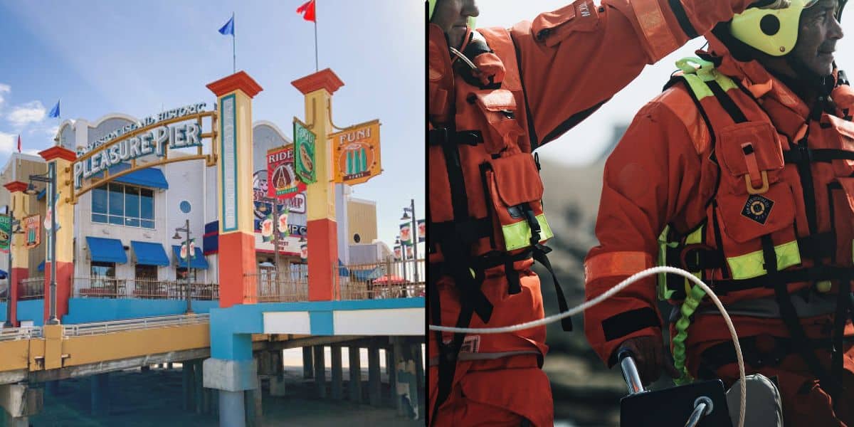 Left: Iconic entrance to Santa Monica Pier decked in vibrant lights; Right: Lifeguards prepped for action with rescue ropes. Texas roller coaster rescue.