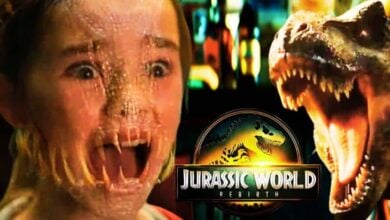 Mixed image: Maisie Lockwood (Isabella Sermon) screaming in 'Jurassic World: Fallen Kingdom' on the left, and the Rex from 'Rebirth' on the right next to the film's logo
