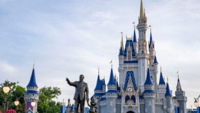 Cinderella Castle and the Partners statue in Disney World's Magic Kingdom park