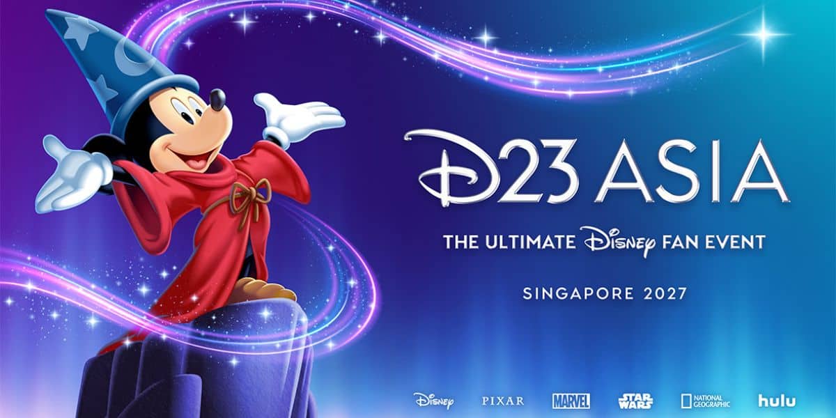 Mickey Mouse dons his iconic wizard robes as "D23 Asia: The Ultimate Disney Fan Event, Singapore 2027" excites Disney fans.