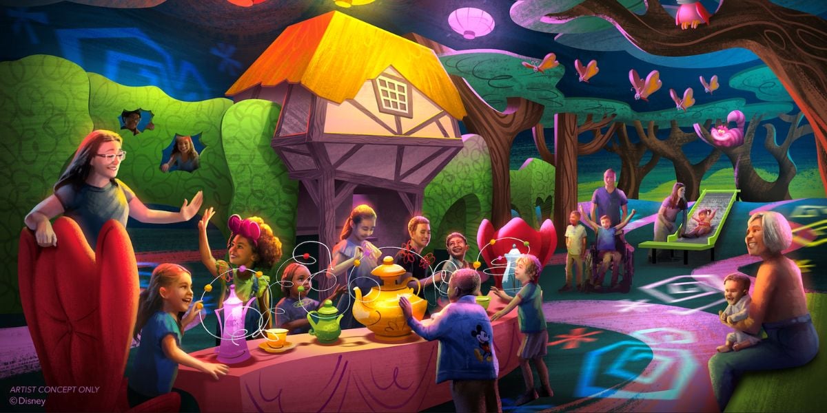 Families of all ages gather for a magical tea party beneath vibrant lights and décor in an enchanted, theme-park-style forest setting.