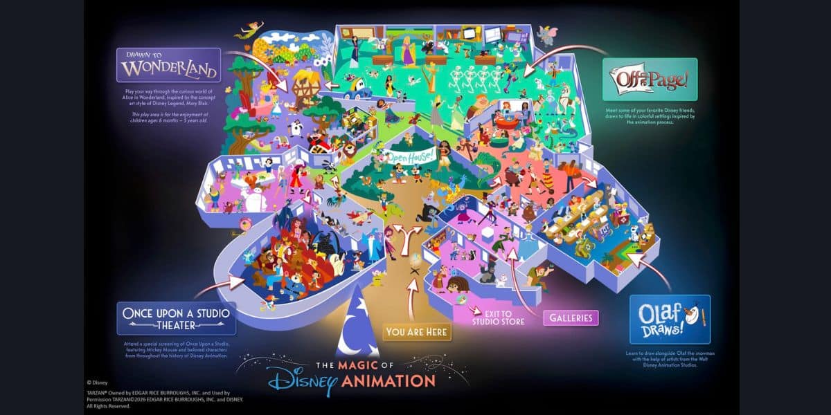 Vibrant map of The Magic of Disney Animation attraction, highlighting immersive rooms, interactive experiences, and fun zones.