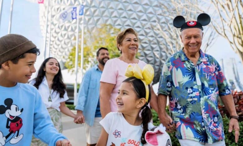 a Disney family strolls through EPCOT with Spaceship Earth in the background. EPCOT Light Lounge