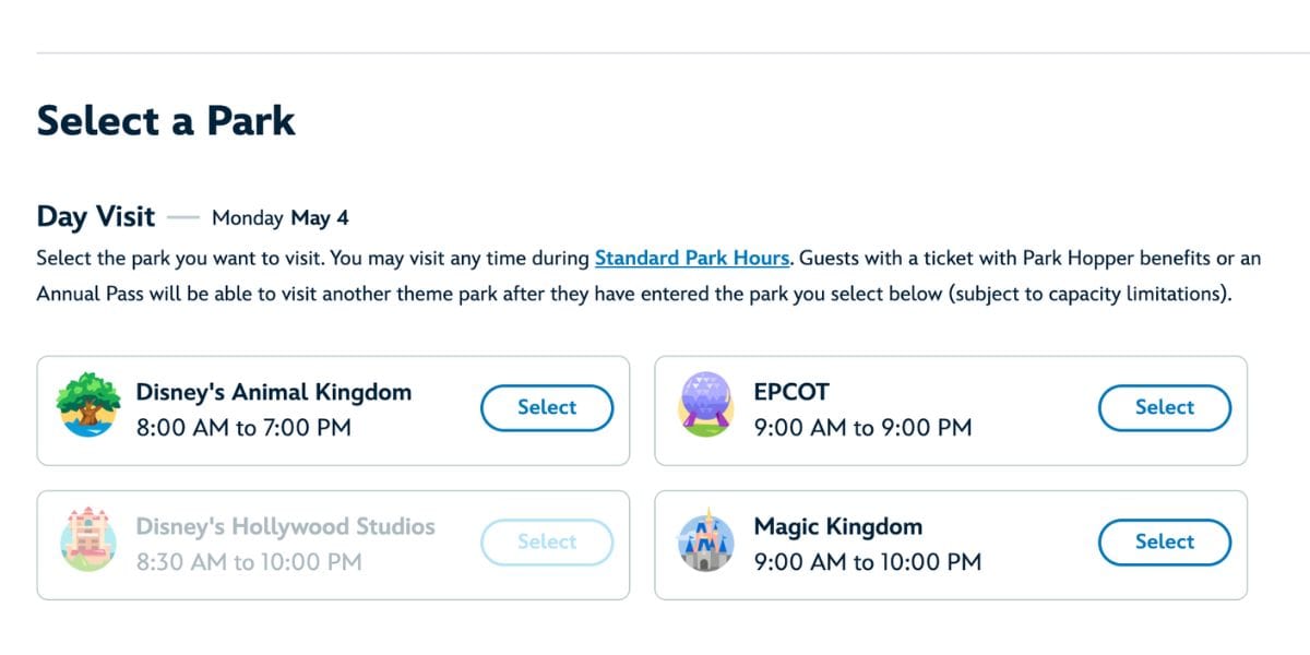 Disney park selection screen displaying operating hours for Animal Kingdom, EPCOT, Hollywood Studios, and Magic Kingdom on May 4.