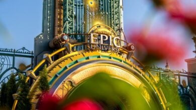 flowers in front of epic universe's entrance at universal orlando resort. Universal expansion vs Disney