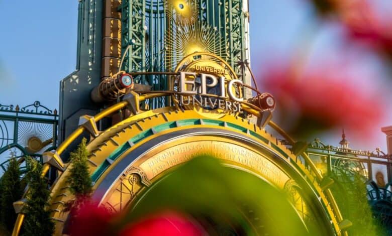 flowers in front of epic universe's entrance at universal orlando resort. Universal expansion vs Disney