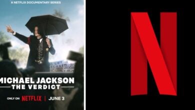 Split image: Left features Netflix's "Michael Jackson: The Verdict" show poster; right is the iconic red Netflix "N" emblem on black.