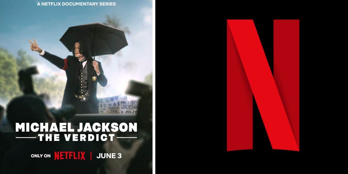Split image: Left features Netflix's "Michael Jackson: The Verdict" show poster; right is the iconic red Netflix "N" emblem on black.