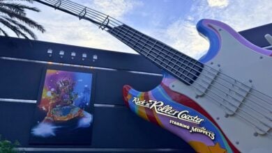The giant guitar outside Muppets' Rock 'n' Roller Coaster invites fans at Disney’s Hollywood Studios.