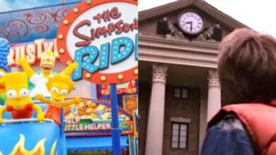 split image: on the left, the exterior of universal's simpsons ride. on the right, marty mcfly stares at clock tower
