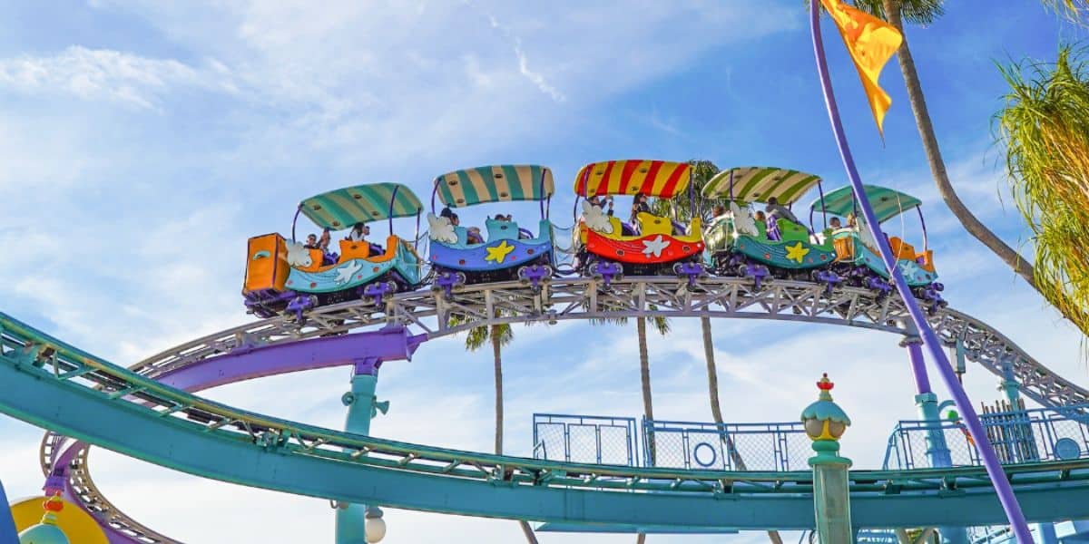 The High in the Sky Seuss Trolley Train Ride! in universal orlando's islands of adventure park, seuss landing
