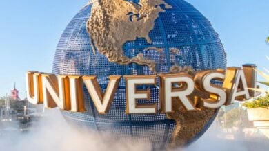 close up of universal orlando's spinning globe. Halloween Horror Nights 35 crowds