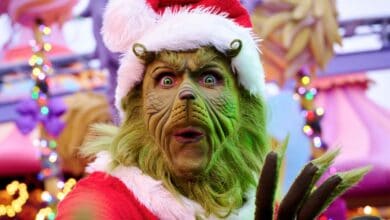 close up of the grinch actor at universal's islands of adventure, seuss landing, at christmas time