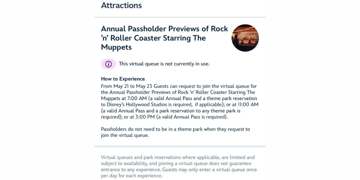 Screenshot outlining Annual Passholder preview dates for the Muppets Coaster, plus virtual queue details for Passholders.