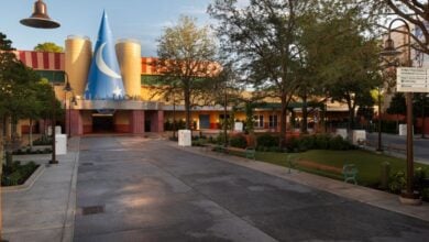 The entrance to the Magic of Disney animation in the walt disney studios lot courtyard at disney's hollywood studios
