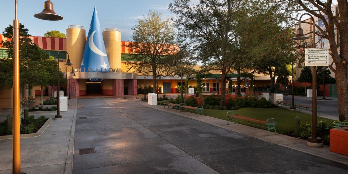The entrance to the Magic of Disney animation in the walt disney studios lot courtyard at disney's hollywood studios