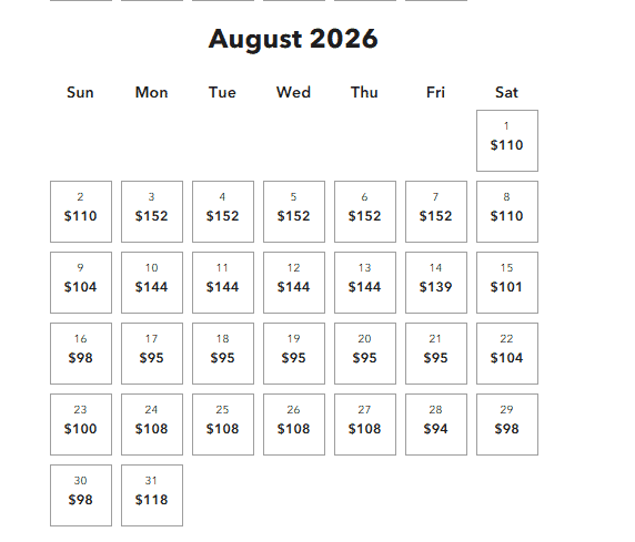 Epic Universe August 2026 ticket calendar with daily prices ($94–$152), ideal for Universal Orlando trip planning.