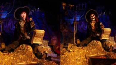 Just like at Disneyland, a pirate transforms from lively to skeletal, both gripping gold coins in dazzling Pirates of the Caribbean style.
