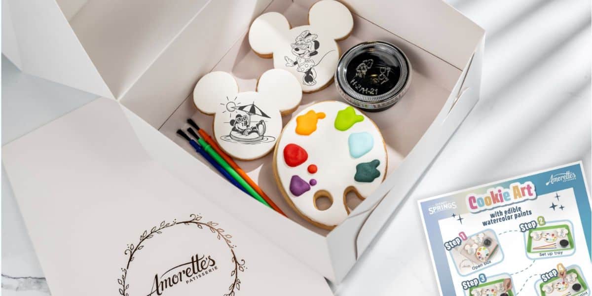 Unbox Mickey-themed cookies, edible paint kit, brushes, and more—an interactive treat from Amorette’s at Disney Springs!.