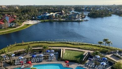 An overhead look at Disney's Caribbean Beach Resort and Disney's Riviera Resort and the water that separates them.